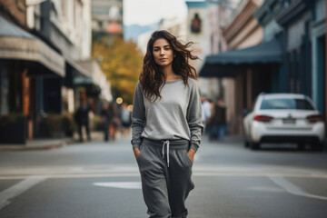 A young woman exudes confidence and style while striding down a city street in athleisure attire, effortlessly blending fashion and comfort