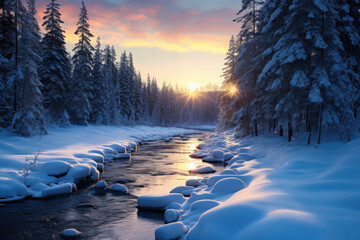 Illustration of winter landscape with snow-covered banks and trees and setting sun - obrazy, fototapety, plakaty