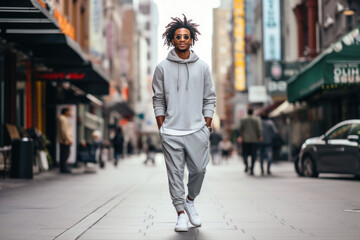 A young man of African nationality with curly hair in a tracksuit on a city street. Comfortable, loose clothing