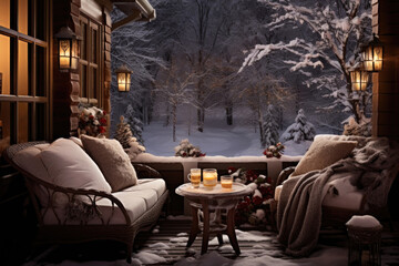 A cozy place with soft pillows and sofas and hot drinks on the veranda overlooking the snowy New Year's Christmas forest - obrazy, fototapety, plakaty