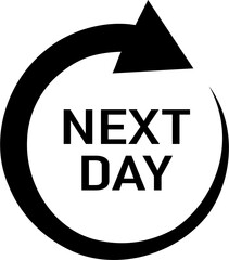 Black and white vector graphic of a spiralling arrow with a message of Next Day in the centre. Could be used for a delivery company.