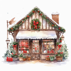 water color christmas home with snow clipart 