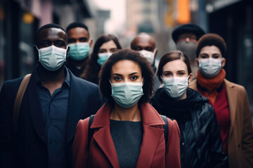 Many people of different nationalities wearing medical masks on a city street. Pandemic, coronavirus, quarantine concept