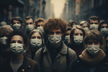 A crowd of people of different nationalities wearing face masks walk down a city street. The image is a powerful reminder of the global pandemic of COVID-19 - obrazy, fototapety, plakaty