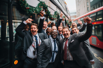 Happy bus drivers wear smiles as they ring in the New Year, surrounded by buses decked out in holiday cheer