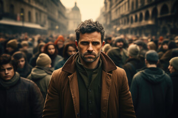 Fototapeta premium A photograph of a man looking at the camera with many people walking on the street in the background. Cancel culture concept