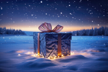 Glowing gift on a snowy field in the dark dot Christmas, New Year gift