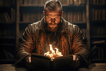 A man of large build reads a book from which flames emanate. secret knowledge concept