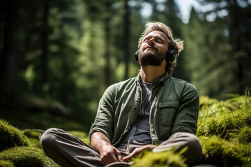 Obraz premium A man wearing headphones sitting on a green lawn in nature surrounded by trees. relaxation, meditation, restoration of mental strength