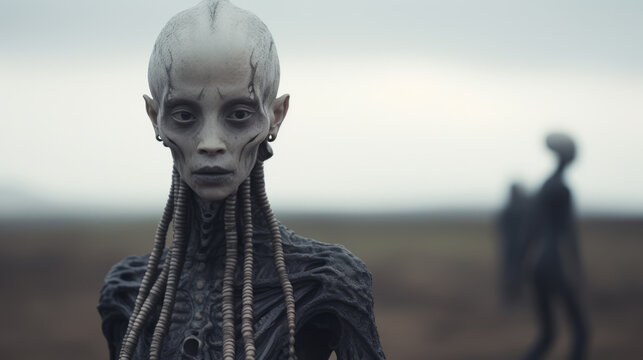 Extraterrestrial alien female commander standing in a earthlike exoplanet.