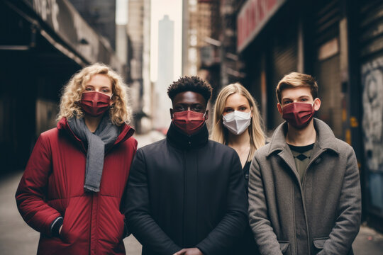 A diverse group of people wearing face masks walk together in solidarity against the spread of COVID-19. The image is a symbol of hope and resilience in the face of a global pandemic