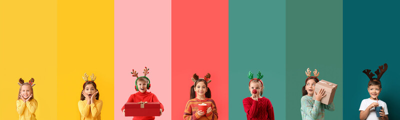 Set of happy children celebrating Christmas on color background