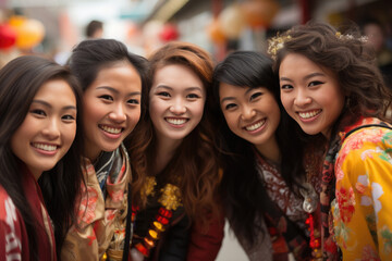 A group of girls of Asian nationalities laugh and look at the camera on a city street. Happy faces - obrazy, fototapety, plakaty