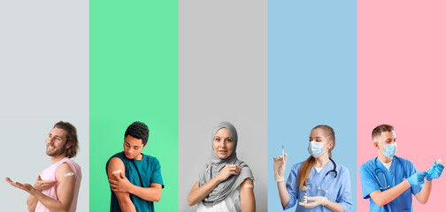 Set of people after vaccination and doctors on color background