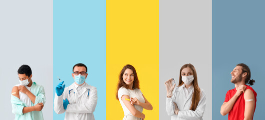 Set of people after vaccination and doctors on color background
