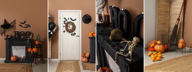 Collage of room with fireplace decorated for Halloween
