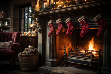 fireplace with red Christmas stockings