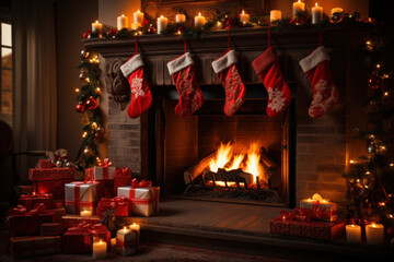 fireplace with red Christmas stockings