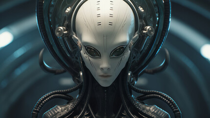 Extraterrestrial alien Queen standing in a futuristic spaceship.