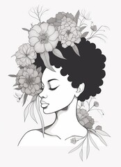 black woman with flowers, coloring page, simple, minimal