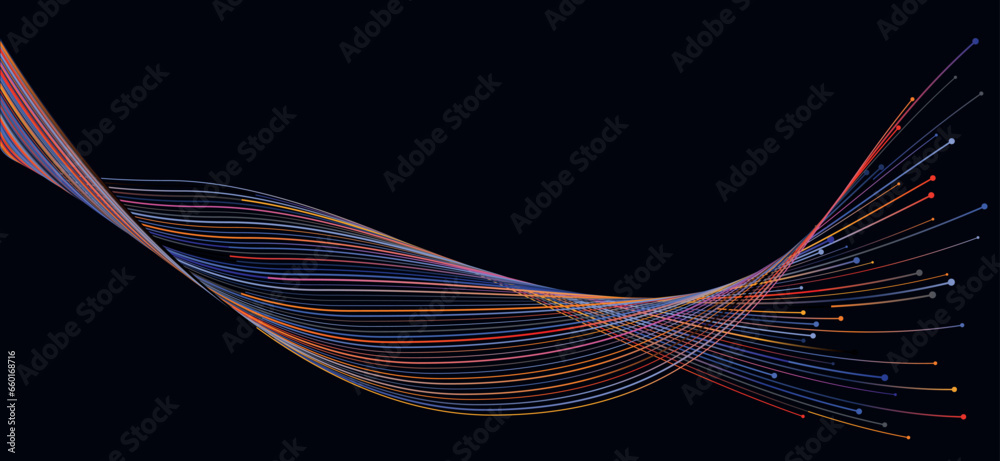Wall mural vibrant multi-colored vector light lines flow dynamically in an abstract wave on a black background,