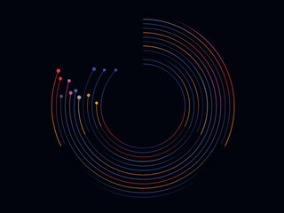 Multicolored abstract circle lines spinning on a black background, representing the intersection of music, technology, and the digital realm