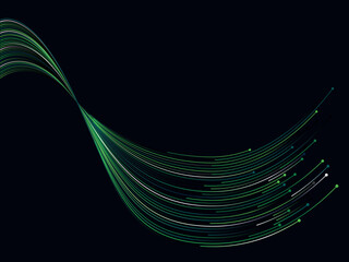 Dynamic wavy abstract light lines in green and white colors dance on a black canvas, symbolizing the realms of AI technology, digital innovation, communication, 5G, science, and music.