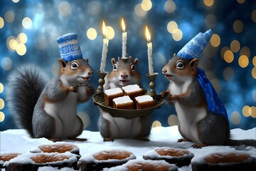 3 squirrels celebrating Hanukkah menorah snow winter 8k hdr photo 