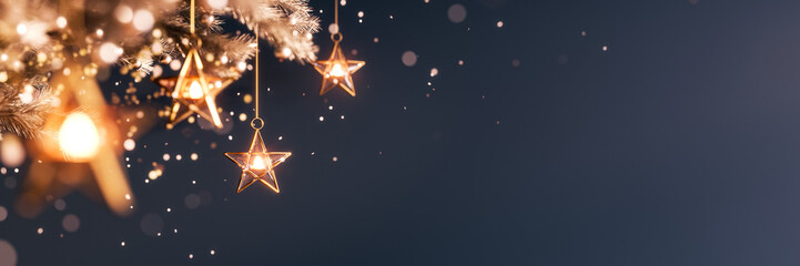Shining Christmas stars with glittering on dark blue background with copy space. Christmas banner design. 3D Rendering, 3D Illustration - obrazy, fototapety, plakaty