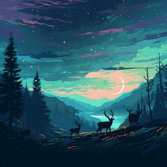 Create a scenic Northern Night scene where ethereal Northern Lights gracefully illuminate the night sky over a tranquil landscape. In this peaceful environment, a harmonious view is revealed: a herd o