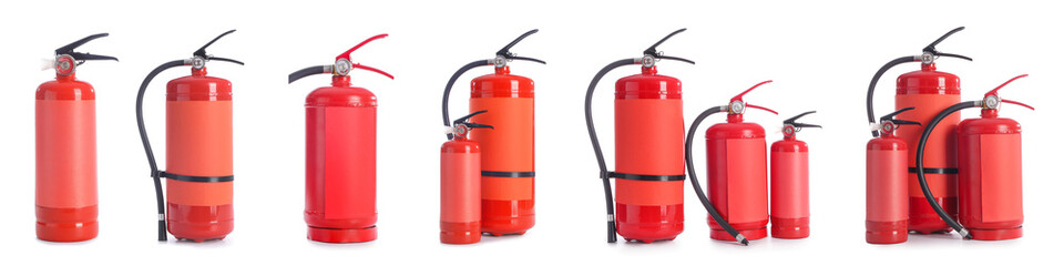 Set of fire extinguishers isolated on white