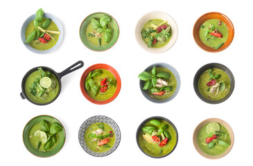 Collage of bowls with tasty green chicken curry on white background, top view