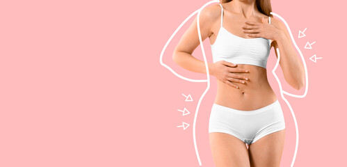 Slim young woman after weight loss on pink background with space for text