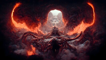 demon balrog abyssal entity rendered in unreal engine octane Render central composition cinematic symmetrical composition Panavision  - obrazy, fototapety, plakaty