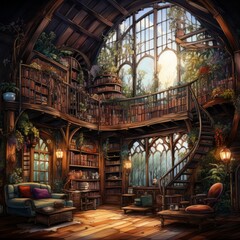 charming library, wallpaper, whimsical illustration, watercolor, cozy