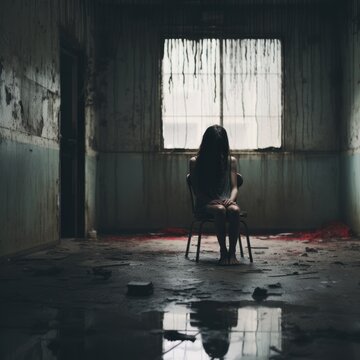 In a scary room, a girl with black hair sits on a chair