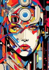 futuristic psychedelic LSD trip, android portrait, pop art poster, in bold modernist graphic design style
