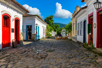 Street of historical center in Paraty, Rio de Janeiro, Brazil. Paraty is a preserved Portuguese...