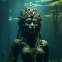 half-submerged ancient statue of african fantasy warrior queen, jungle river