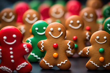 Fototapeta na wymiar small gingerbread cookies decorated to look like happy people in different colors