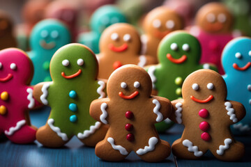 Obraz premium small gingerbread cookies decorated to look like happy people in different colors