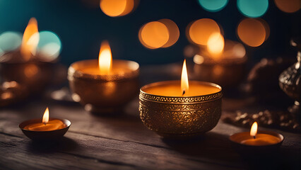Beautiful diwali diya lamps lit at night with bokeh background