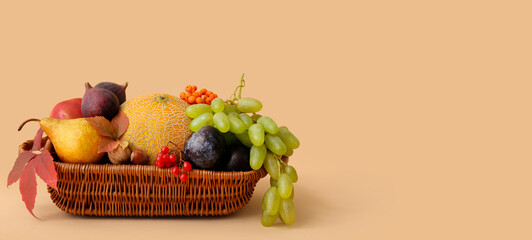Harvested fruits in wicker basket on beige background with space for text