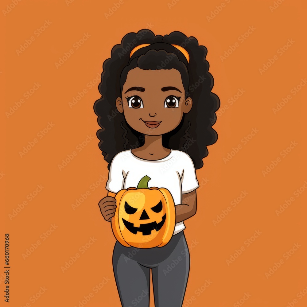 Sticker minimalist caricature of a black woman holding a mug of pumpkin