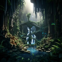 A dark, eerie voxel-style jungle with huge waterfalls and rivers, overgrown plants and awe-inspiring buildings
