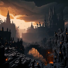 dark eerie landscape in voxel style with awe-inspiring buildings