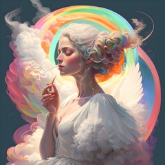 a female angel updo hairstyle flowing white dress halo askew smoking a rainbow 