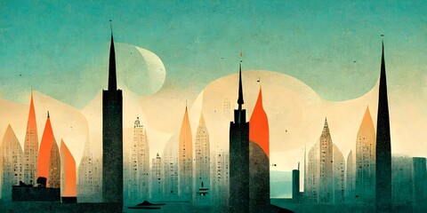 dreamlike city with art deco style architecture 