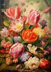 stylish composition of tulips, lotuses and ferns - oil painting