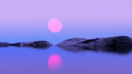 Deurstickers Red planet in the blue sky among rocky mountains and water. Fantasy abstract landscape. 3D render © Binkontan